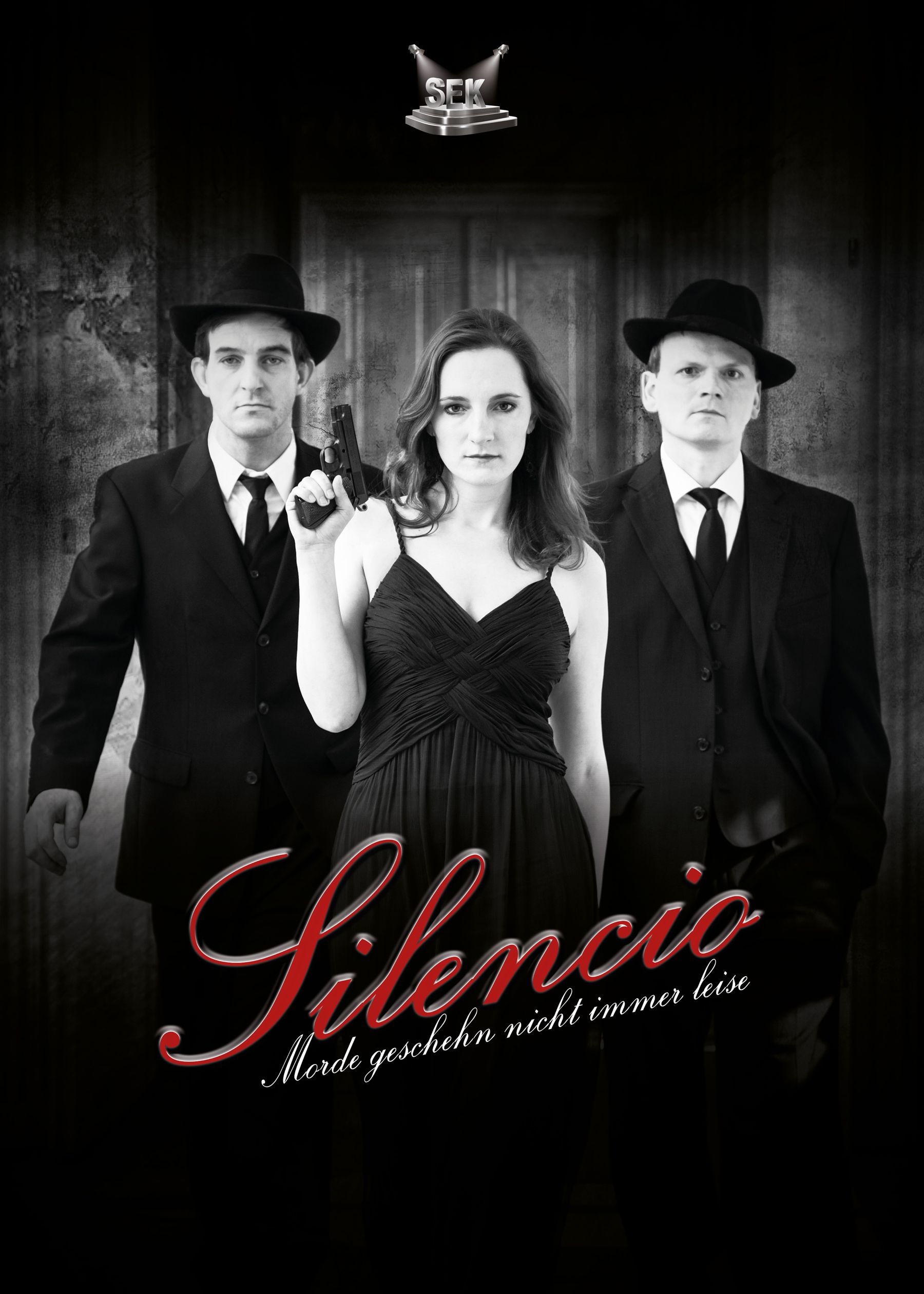 Hochformatiges Film-Noir-Plakat des Krimidinners Silencio in Schwarzweiß mit rotem Schriftzug