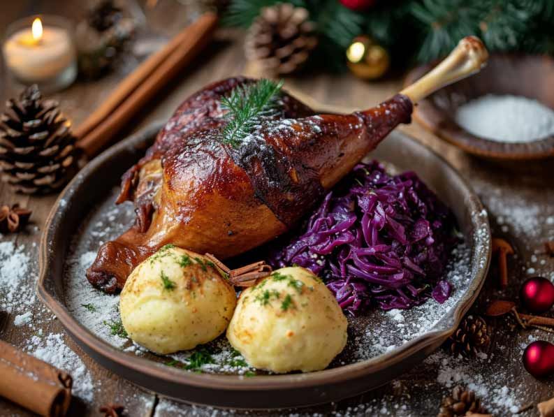 Weihnachtlich gedeckte Tafel im Mühlenhof